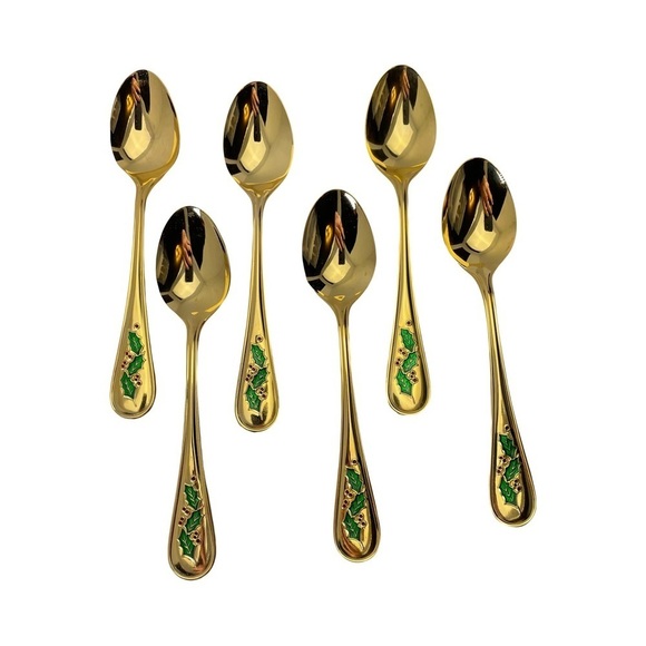 Retroneu Japan 24 k gold plated Spoons desert/appetizer Christmas Holly Design - Picture 1 of 14